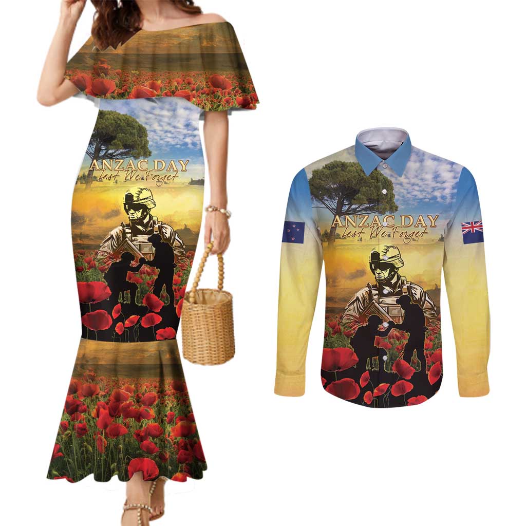 New Zealand ANZAC Day Couples Matching Mermaid Dress and Long Sleeve Button Shirt The Ode Remembrance And Poppy