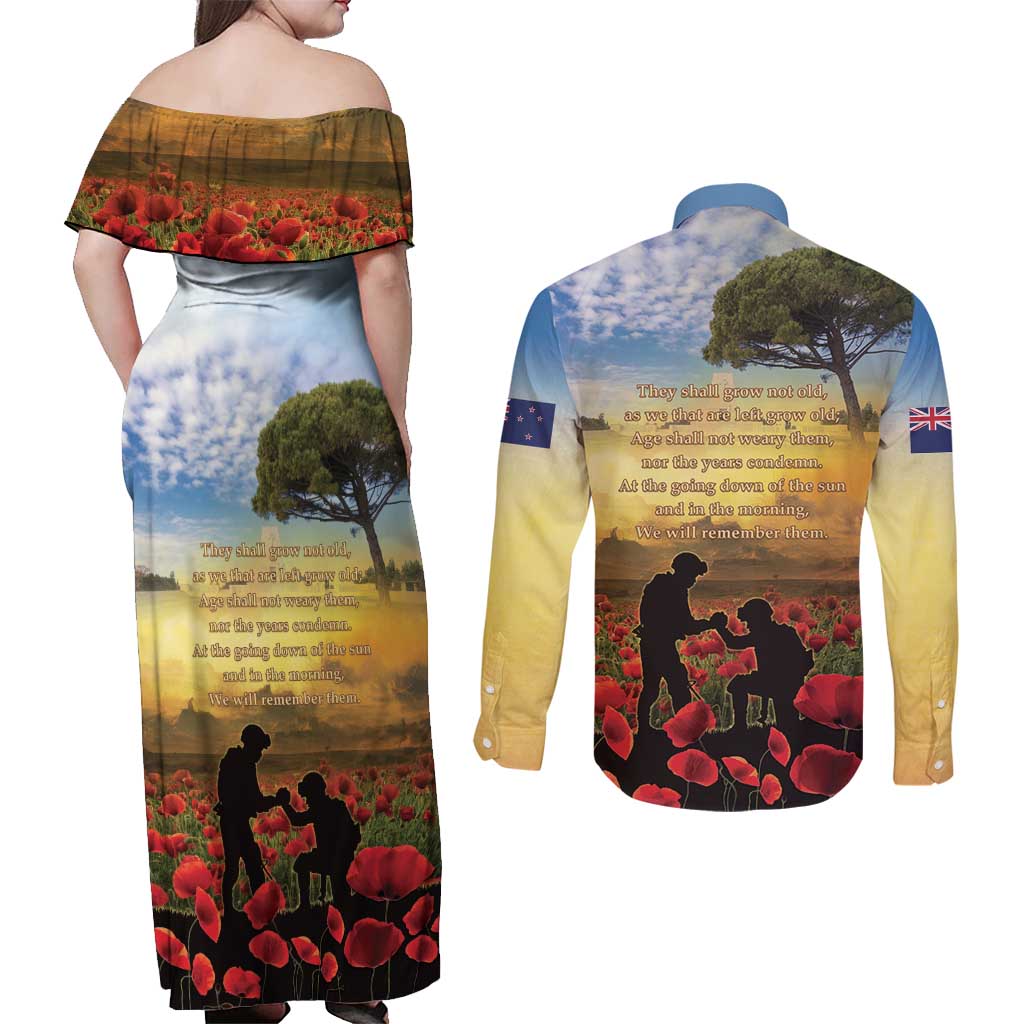 New Zealand ANZAC Day Couples Matching Off Shoulder Maxi Dress and Long Sleeve Button Shirt The Ode Remembrance And Poppy