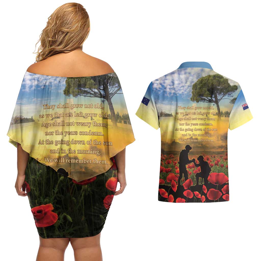 New Zealand ANZAC Day Couples Matching Off Shoulder Short Dress and Hawaiian Shirt The Ode Remembrance And Poppy
