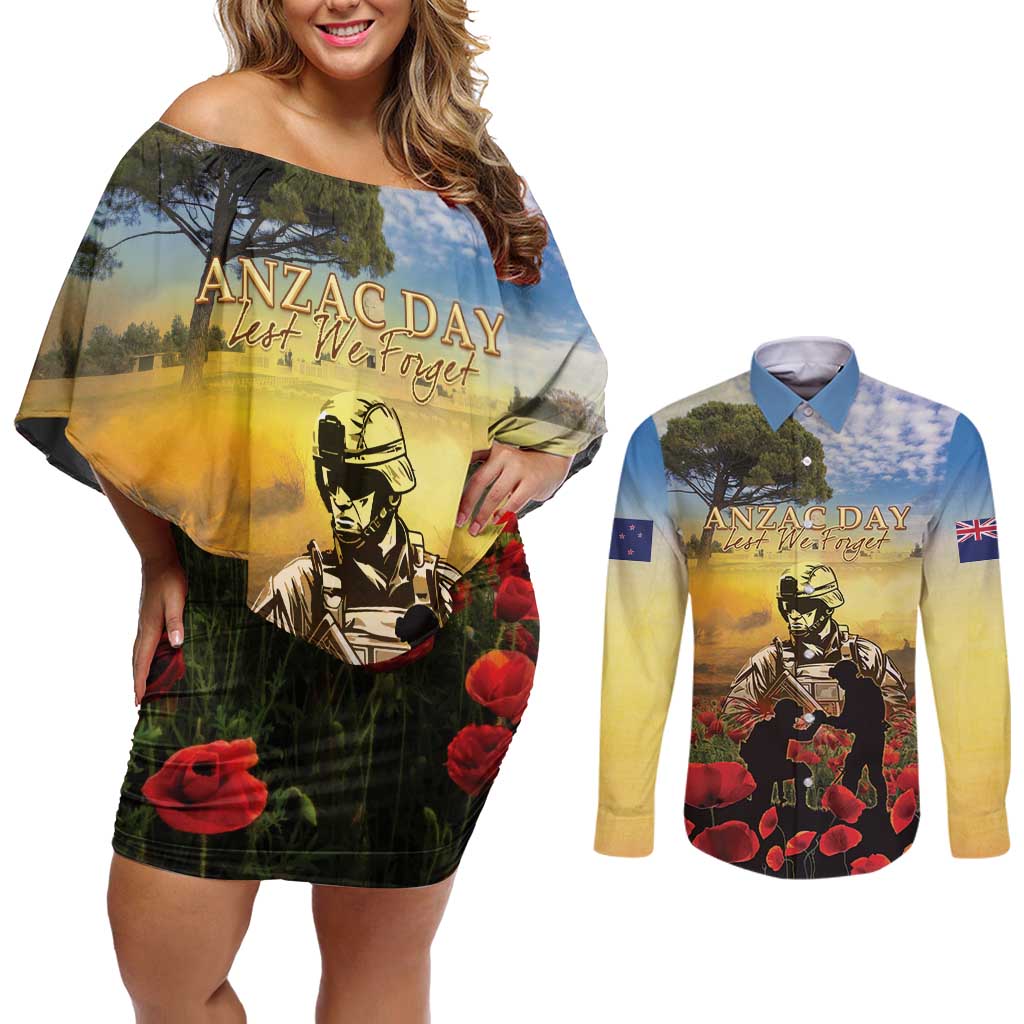 New Zealand ANZAC Day Couples Matching Off Shoulder Short Dress and Long Sleeve Button Shirt The Ode Remembrance And Poppy