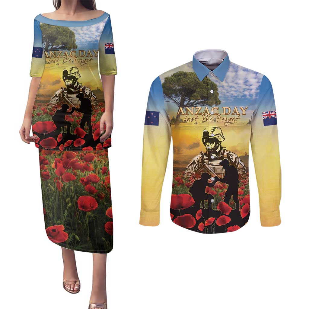 New Zealand ANZAC Day Couples Matching Puletasi and Long Sleeve Button Shirt The Ode Remembrance And Poppy