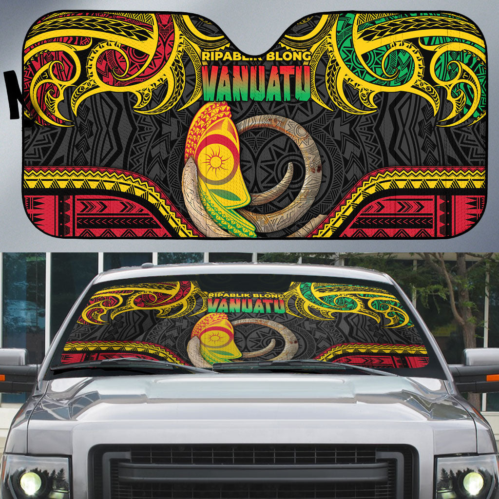 Vanuatu Language Week Auto Sun Shade Boar Tusk Warrior Tribal Floral Pattern
