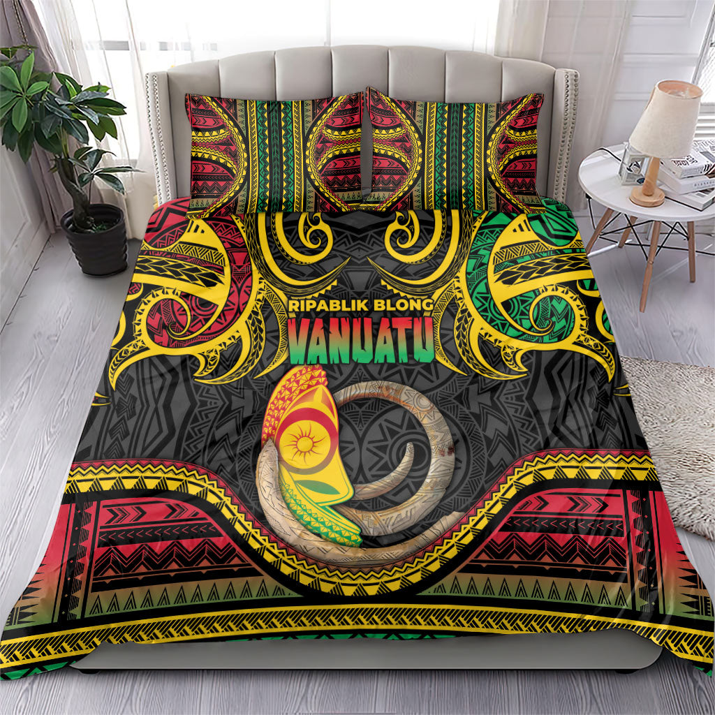 Vanuatu Language Week Bedding Set Boar Tusk Warrior Tribal Floral Pattern