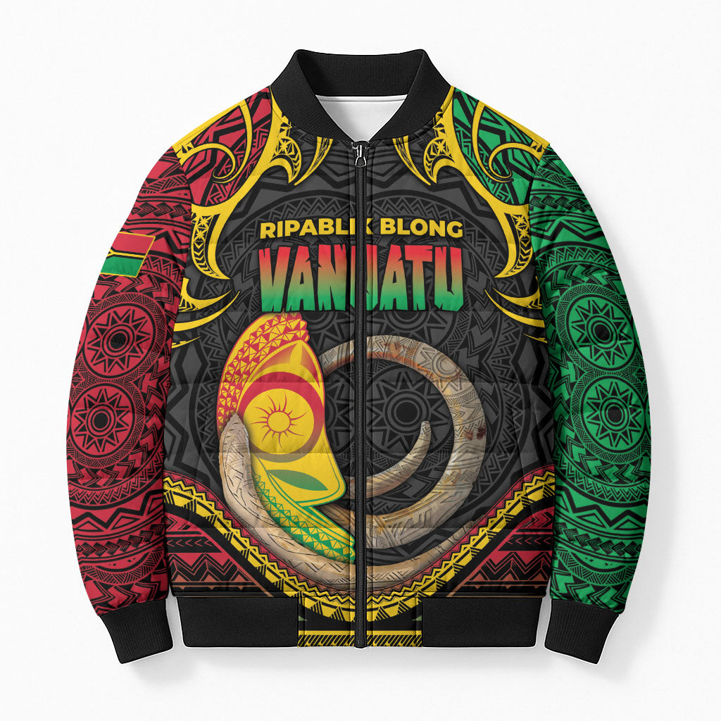 Vanuatu Language Week Bomber Puffer Jacket Boar Tusk Warrior Tribal Floral Pattern