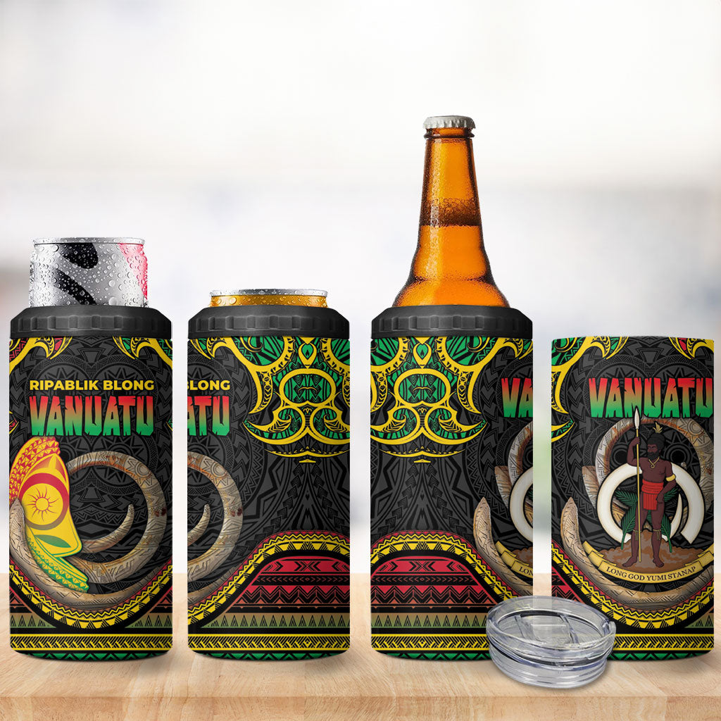 Vanuatu Language Week 4 in 1 Can Cooler Tumbler Boar Tusk Warrior Tribal Floral Pattern