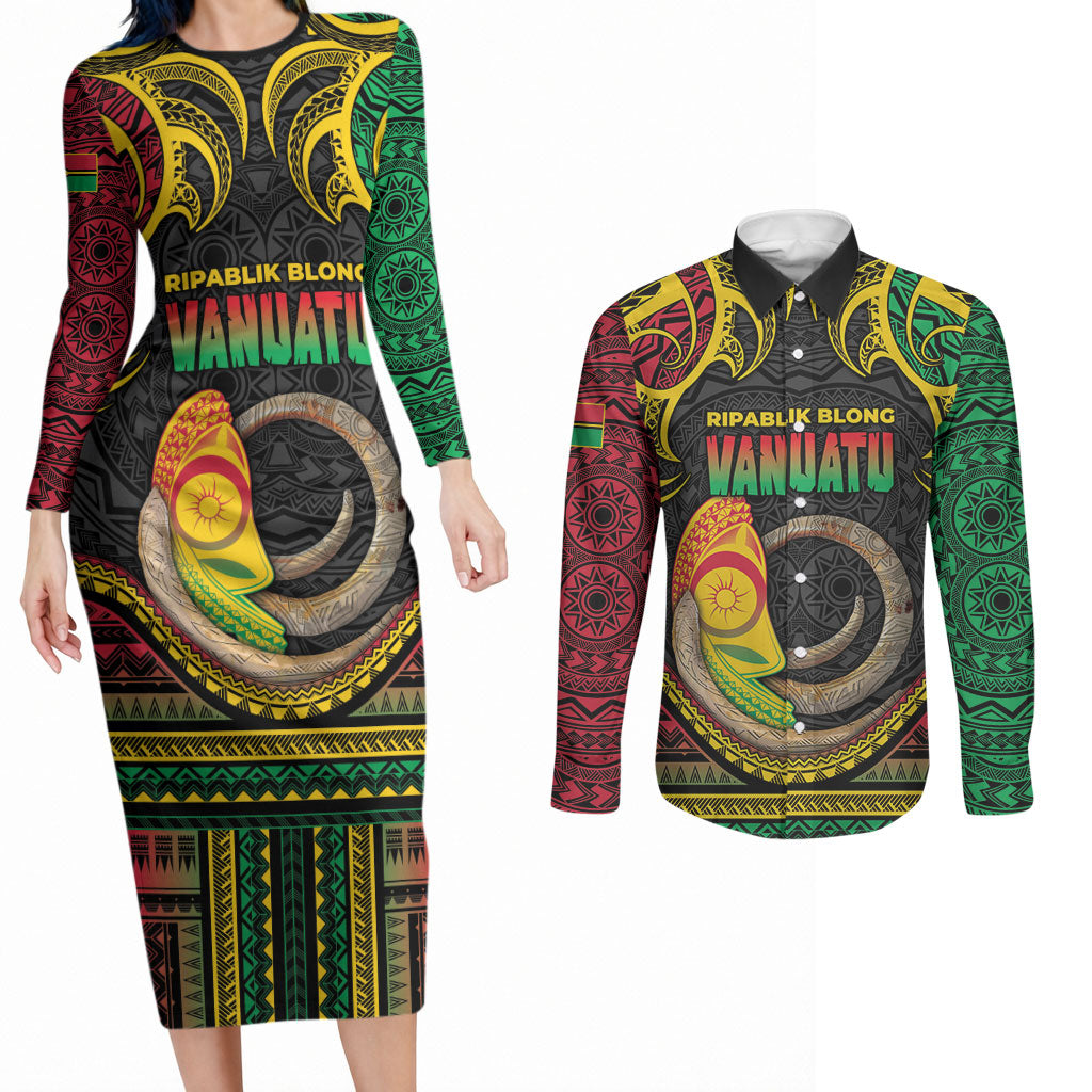 Vanuatu Language Week Couples Matching Long Sleeve Bodycon Dress and Long Sleeve Button Shirt Boar Tusk Warrior Tribal Floral Pattern