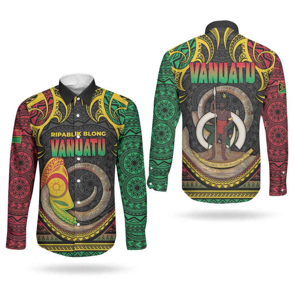 Vanuatu Language Week Couples Matching Long Sleeve Bodycon Dress and Long Sleeve Button Shirt Boar Tusk Warrior Tribal Floral Pattern