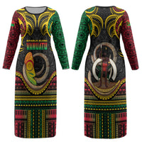 Vanuatu Language Week Couples Matching Long Sleeve Bodycon Dress and Long Sleeve Button Shirt Boar Tusk Warrior Tribal Floral Pattern