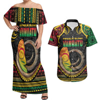 Vanuatu Language Week Couples Matching Off Shoulder Maxi Dress and Hawaiian Shirt Boar Tusk Warrior Tribal Floral Pattern