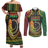Vanuatu Language Week Couples Matching Off Shoulder Maxi Dress and Long Sleeve Button Shirt Boar Tusk Warrior Tribal Floral Pattern