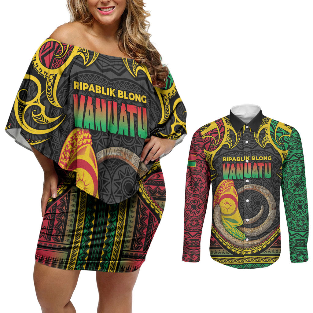 Vanuatu Language Week Couples Matching Off Shoulder Short Dress and Long Sleeve Button Shirt Boar Tusk Warrior Tribal Floral Pattern