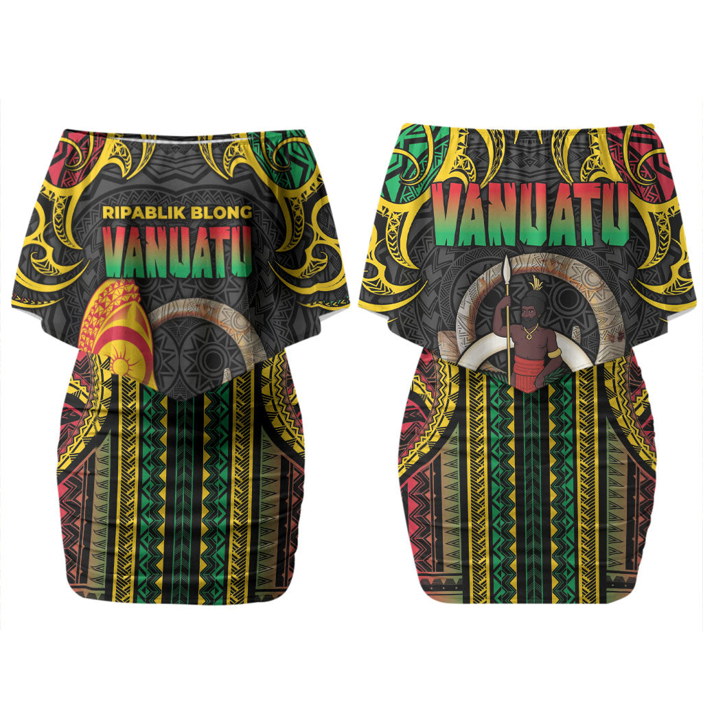 Vanuatu Language Week Couples Matching Off Shoulder Short Dress and Long Sleeve Button Shirt Boar Tusk Warrior Tribal Floral Pattern