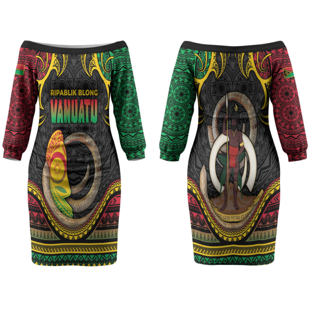 Vanuatu Language Week Couples Matching Off The Shoulder Long Sleeve Dress and Long Sleeve Button Shirt Boar Tusk Warrior Tribal Floral Pattern