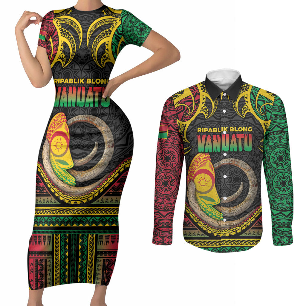 Vanuatu Language Week Couples Matching Short Sleeve Bodycon Dress and Long Sleeve Button Shirt Boar Tusk Warrior Tribal Floral Pattern