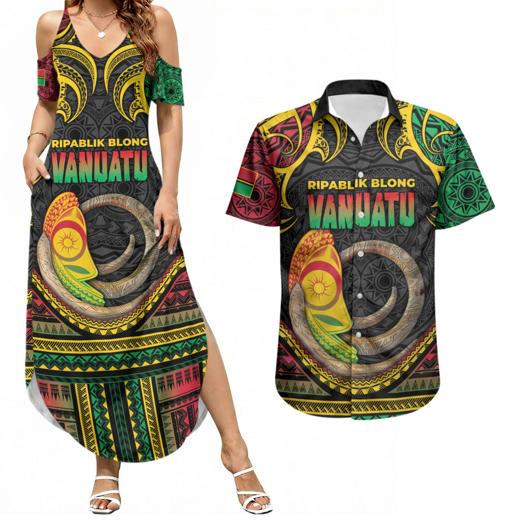 Vanuatu Language Week Couples Matching Summer Maxi Dress and Hawaiian Shirt Boar Tusk Warrior Tribal Floral Pattern