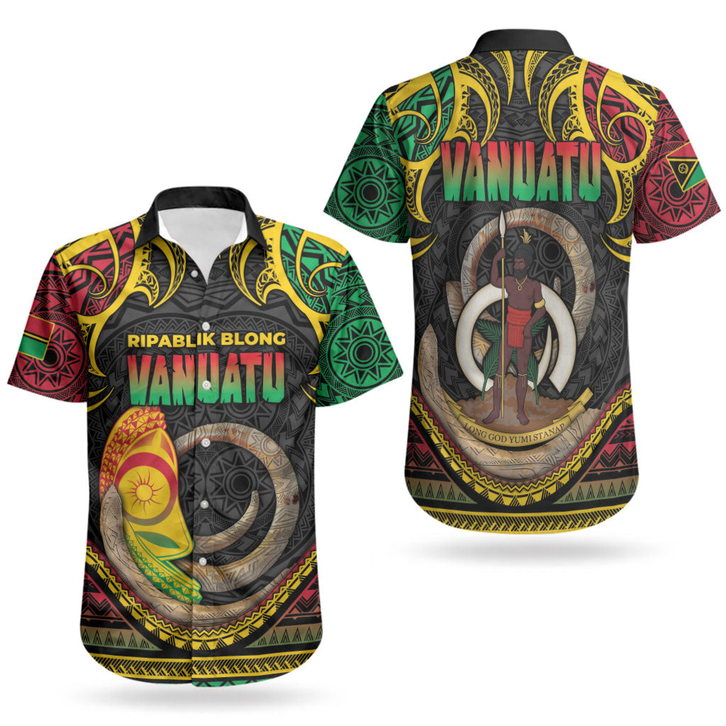 Vanuatu Language Week Couples Matching Tank Maxi Dress and Hawaiian Shirt Boar Tusk Warrior Tribal Floral Pattern
