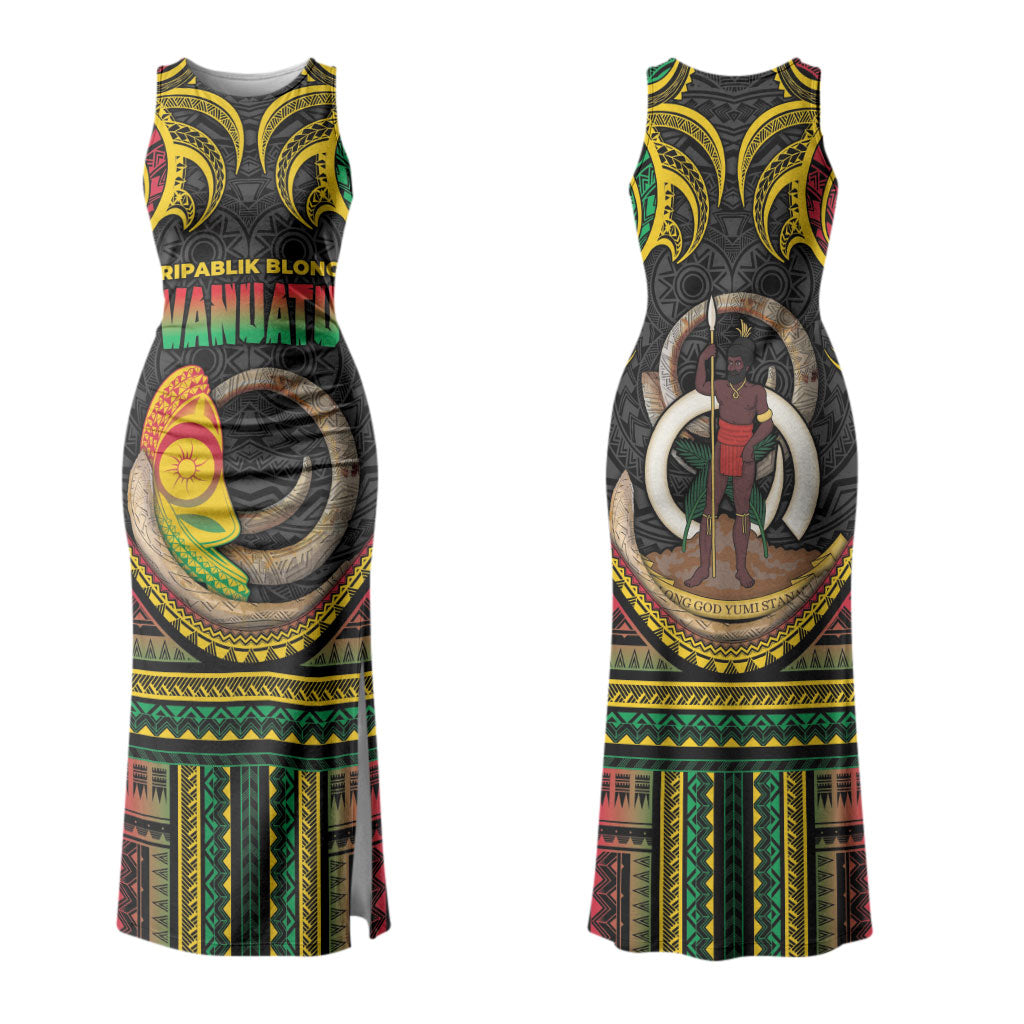 Vanuatu Language Week Couples Matching Tank Maxi Dress and Long Sleeve Button Shirt Boar Tusk Warrior Tribal Floral Pattern