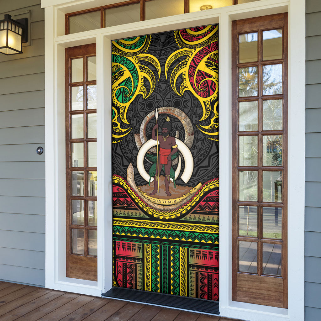 Vanuatu Language Week Door Cover Boar Tusk Warrior Tribal Floral Pattern