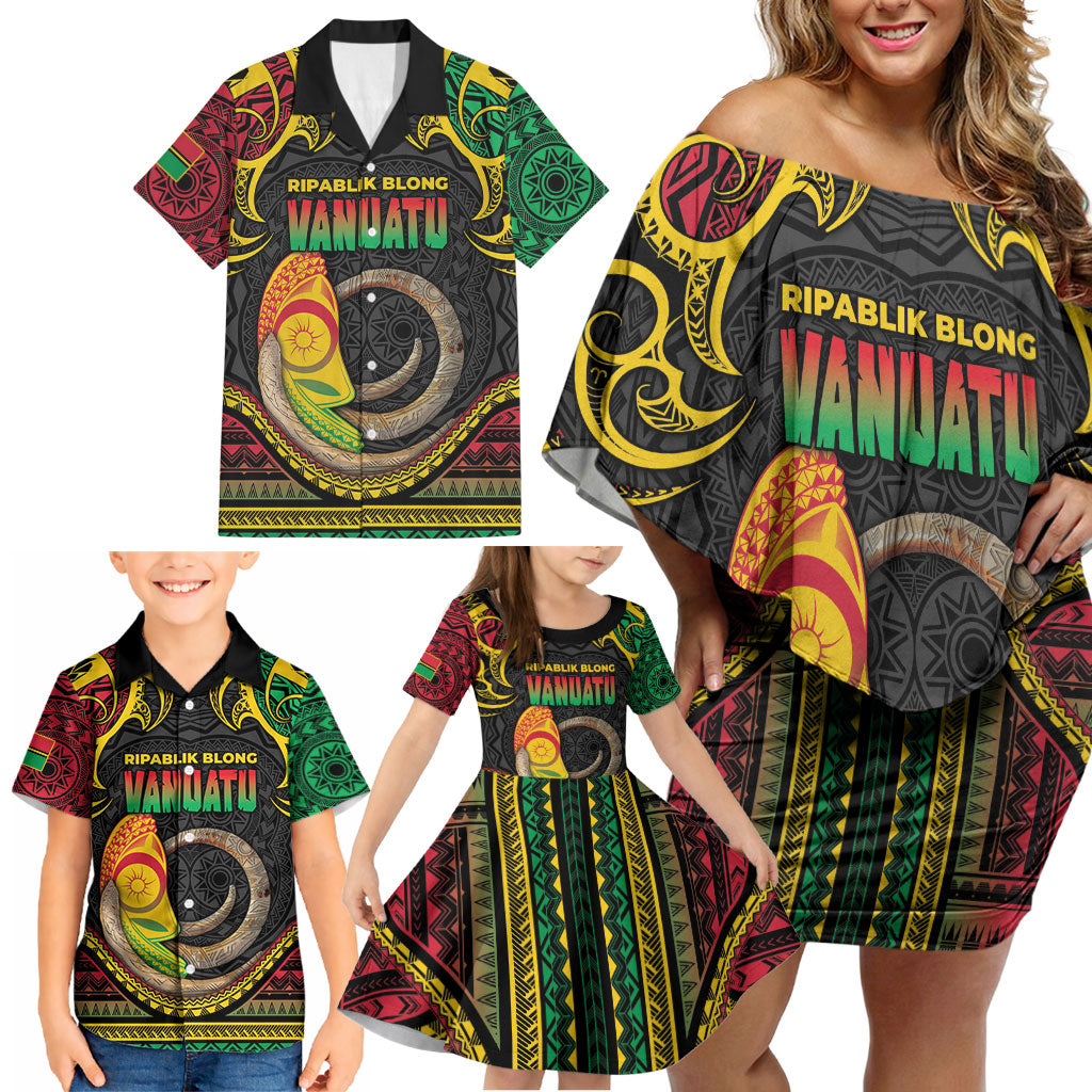 Vanuatu Language Week Family Matching Off Shoulder Short Dress and Hawaiian Shirt Boar Tusk Warrior Tribal Floral Pattern