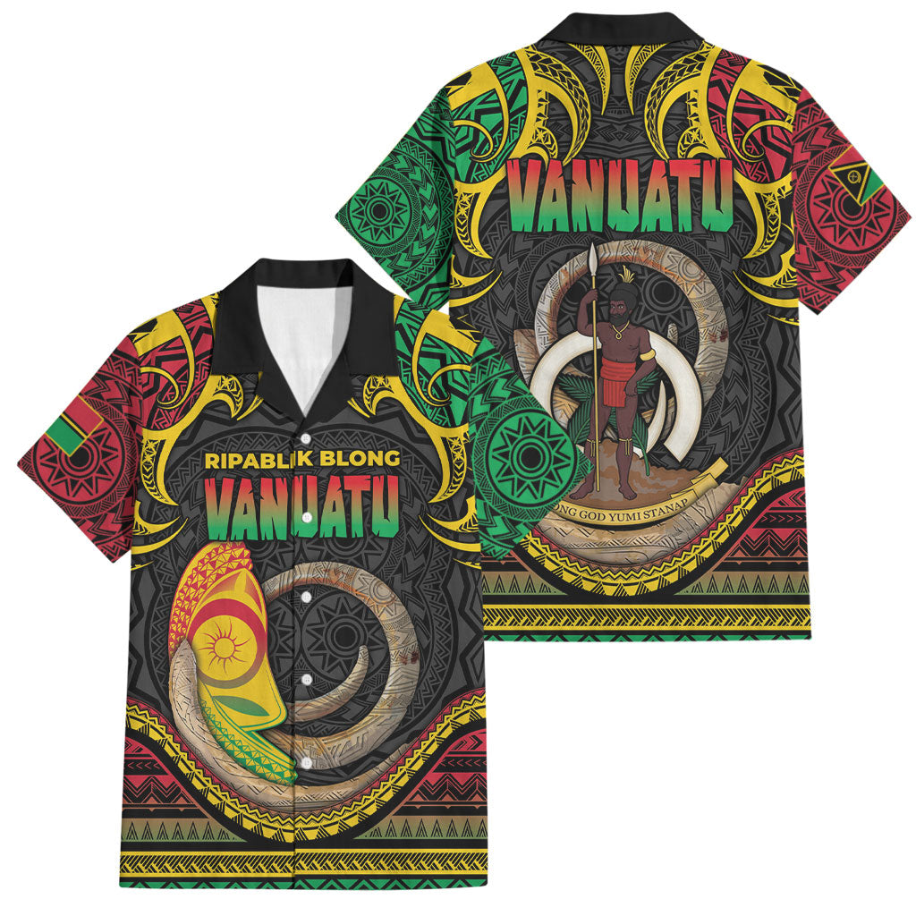 Vanuatu Language Week Family Matching Off Shoulder Short Dress and Hawaiian Shirt Boar Tusk Warrior Tribal Floral Pattern