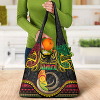 Vanuatu Language Week Grocery Bag Boar Tusk Warrior Tribal Floral Pattern