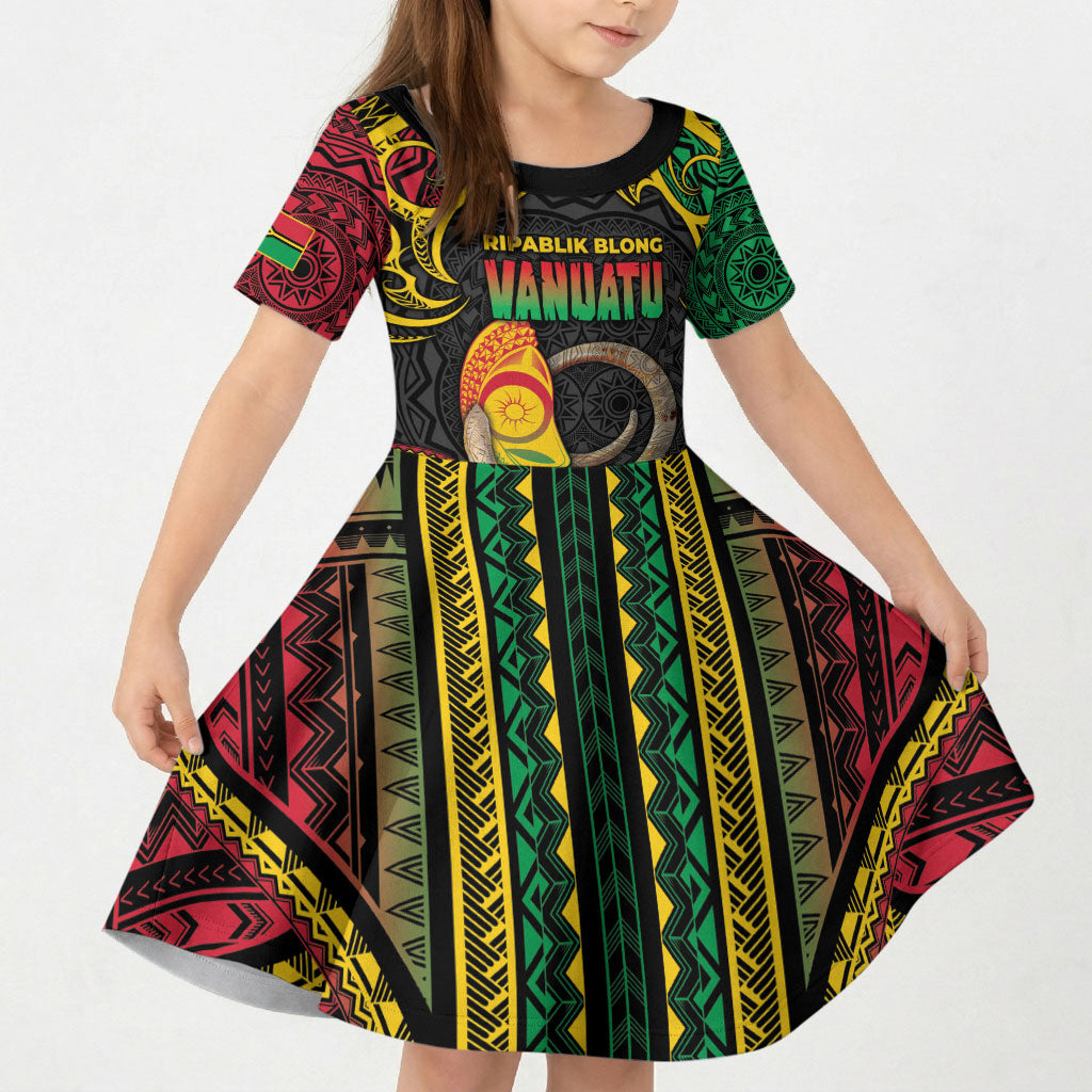 Vanuatu Language Week Kid Short Sleeve Dress Boar Tusk Warrior Tribal Floral Pattern
