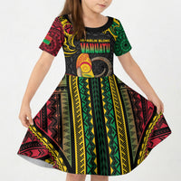 Vanuatu Language Week Kid Short Sleeve Dress Boar Tusk Warrior Tribal Floral Pattern
