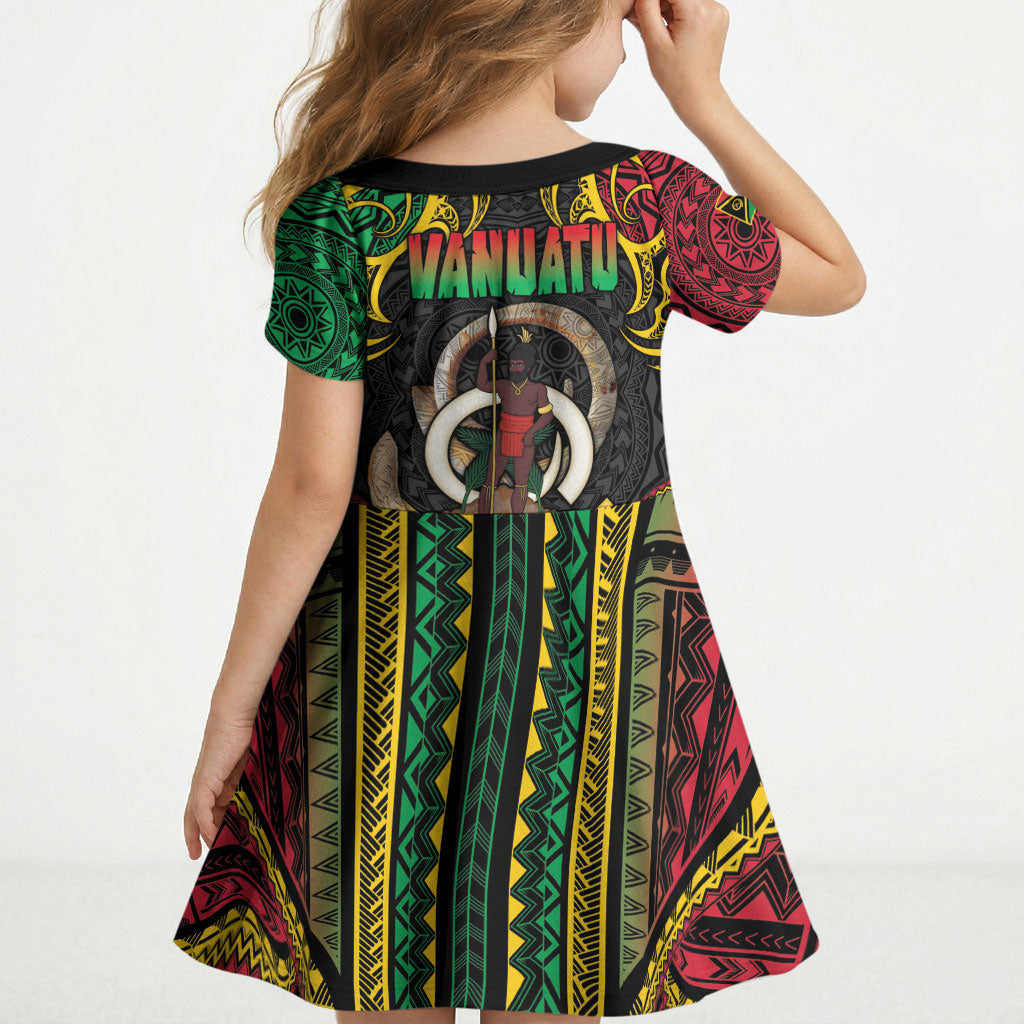 Vanuatu Language Week Kid Short Sleeve Dress Boar Tusk Warrior Tribal Floral Pattern