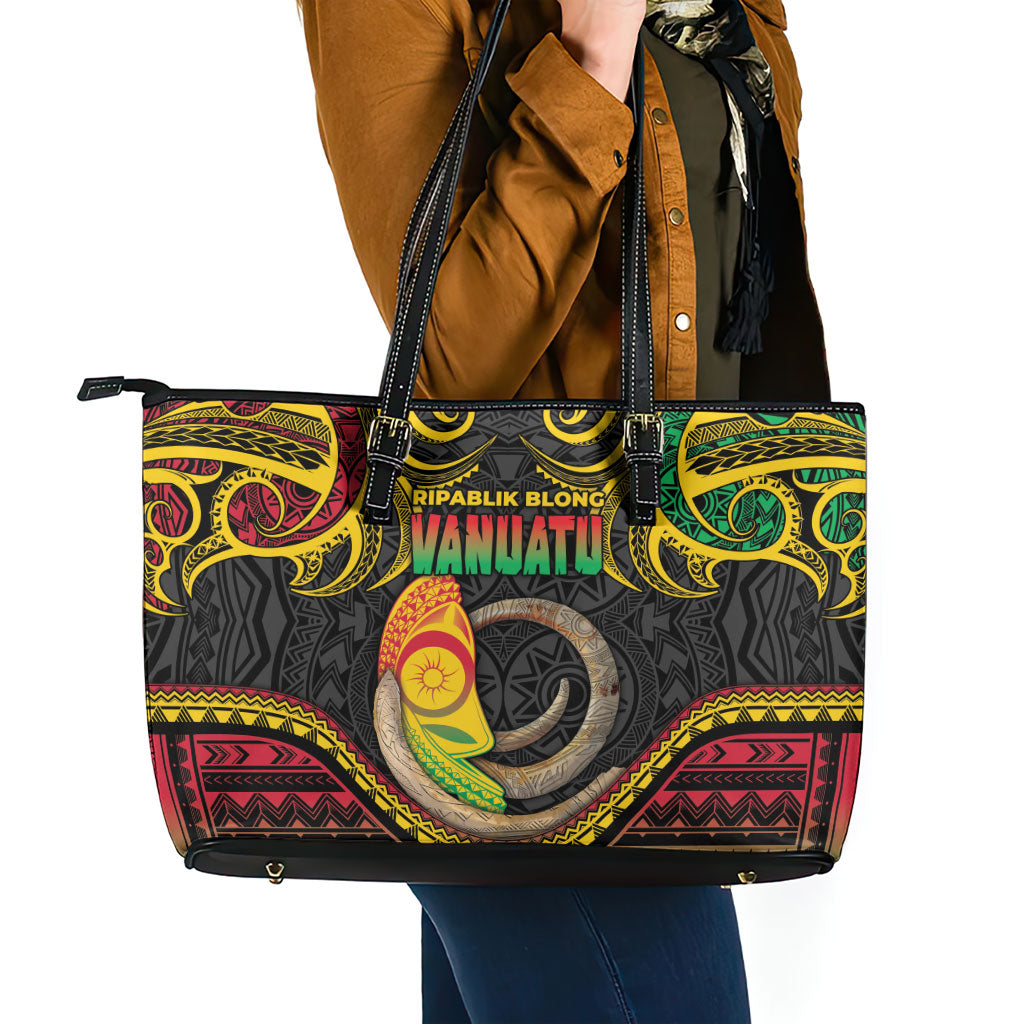 Vanuatu Language Week Leather Tote Bag Boar Tusk Warrior Tribal Floral Pattern