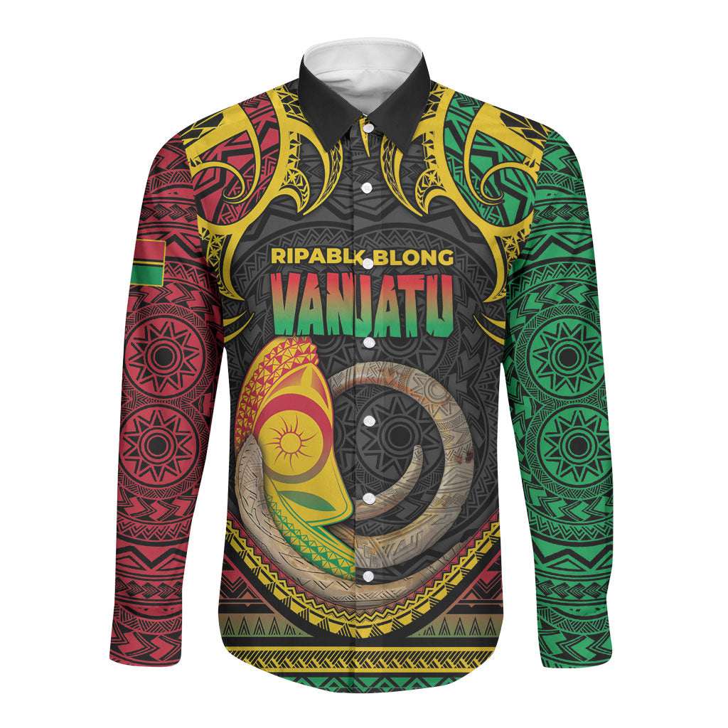 Vanuatu Language Week Long Sleeve Button Shirt Boar Tusk Warrior Tribal Floral Pattern