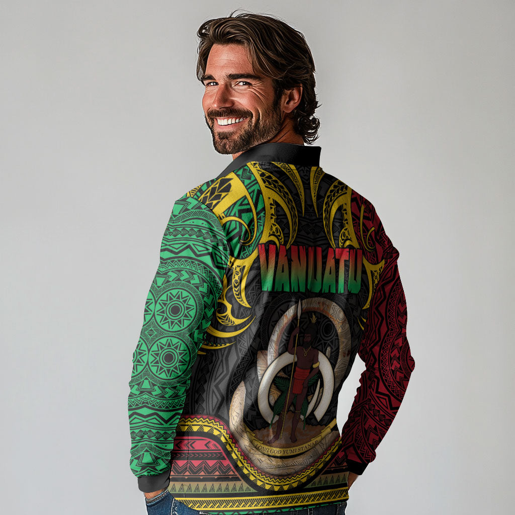 Vanuatu Language Week Long Sleeve Polo Shirt Boar Tusk Warrior Tribal Floral Pattern