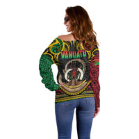 Vanuatu Language Week Off Shoulder Sweater Boar Tusk Warrior Tribal Floral Pattern