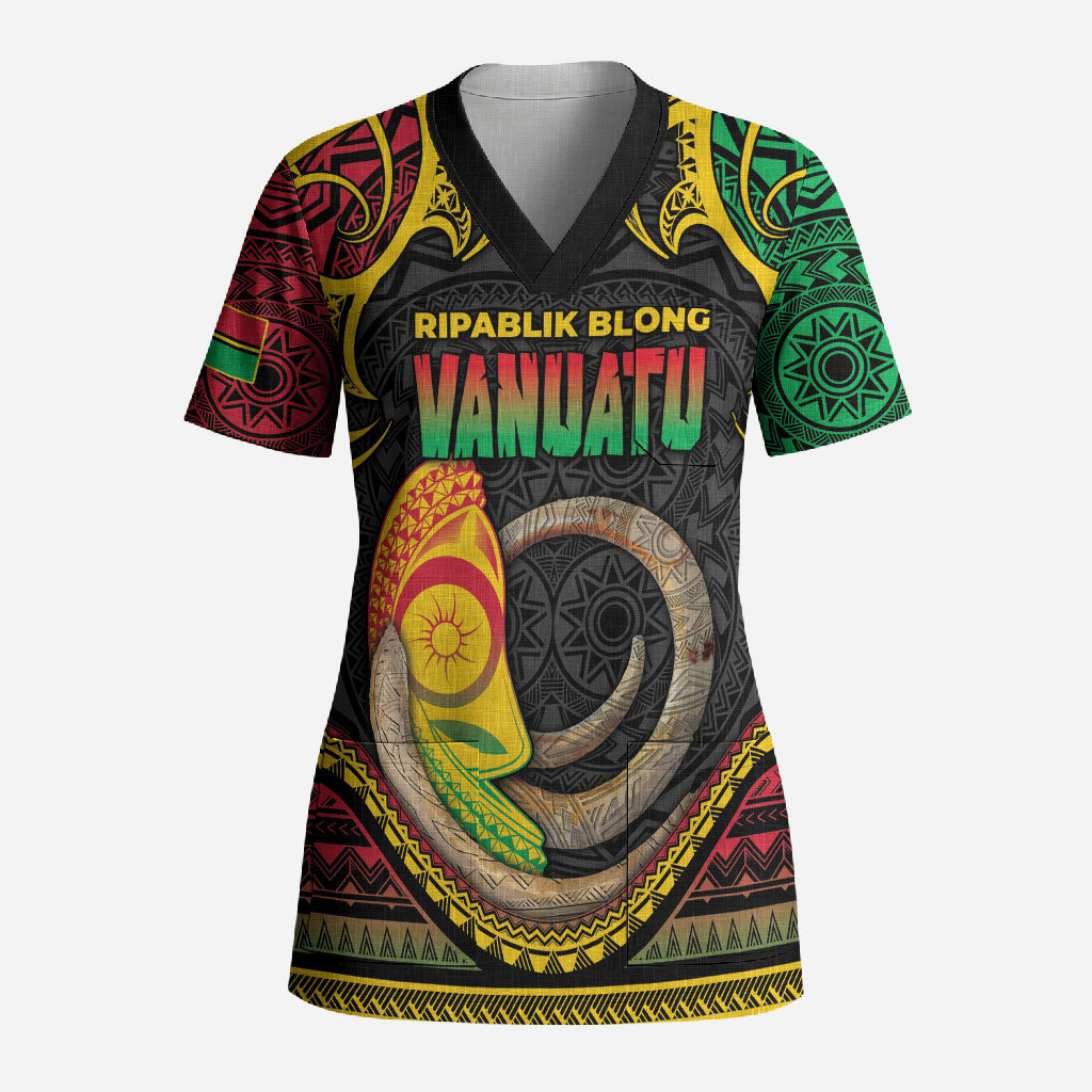 Vanuatu Language Week Scrub Top Boar Tusk Warrior Tribal Floral Pattern