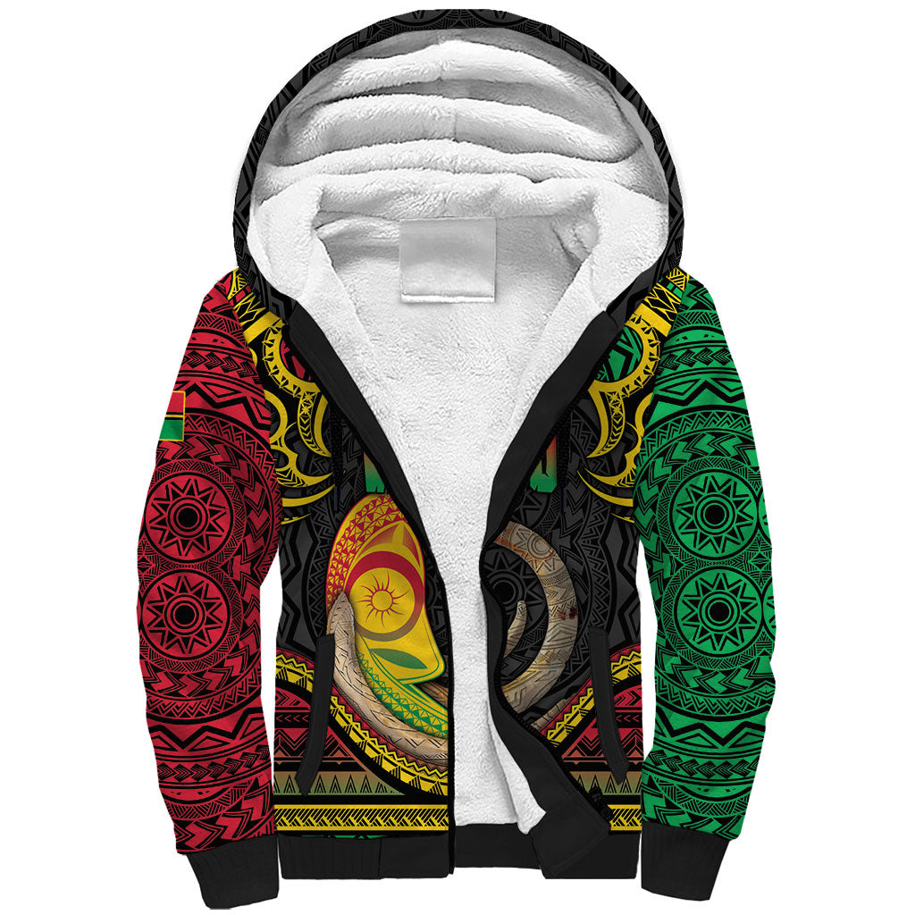 Vanuatu Language Week Sherpa Hoodie Boar Tusk Warrior Tribal Floral Pattern