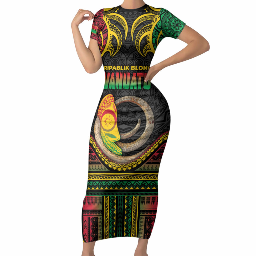 Vanuatu Language Week Short Sleeve Bodycon Dress Boar Tusk Warrior Tribal Floral Pattern