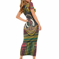 Vanuatu Language Week Short Sleeve Bodycon Dress Boar Tusk Warrior Tribal Floral Pattern