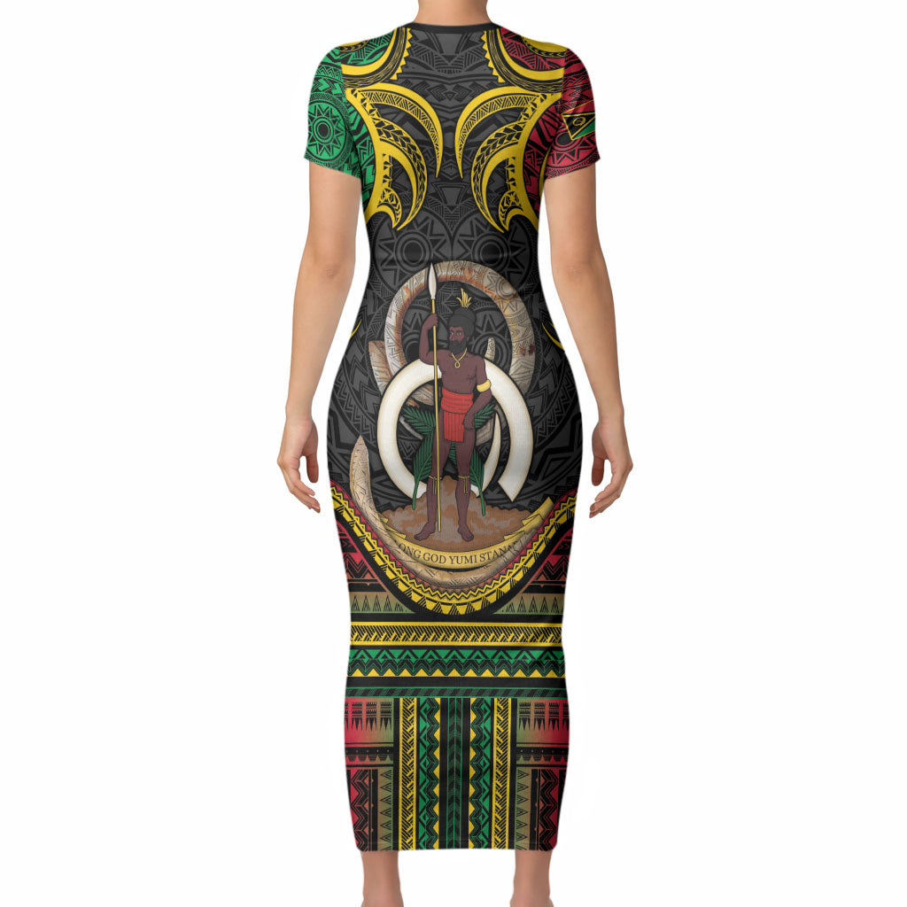 Vanuatu Language Week Short Sleeve Bodycon Dress Boar Tusk Warrior Tribal Floral Pattern