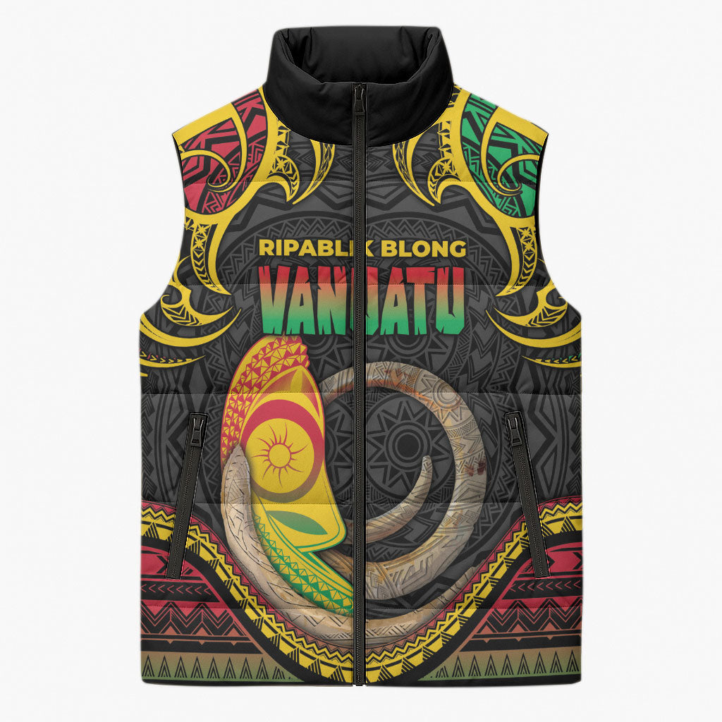 Vanuatu Language Week Sleeveless Puffer Jacket Boar Tusk Warrior Tribal Floral Pattern