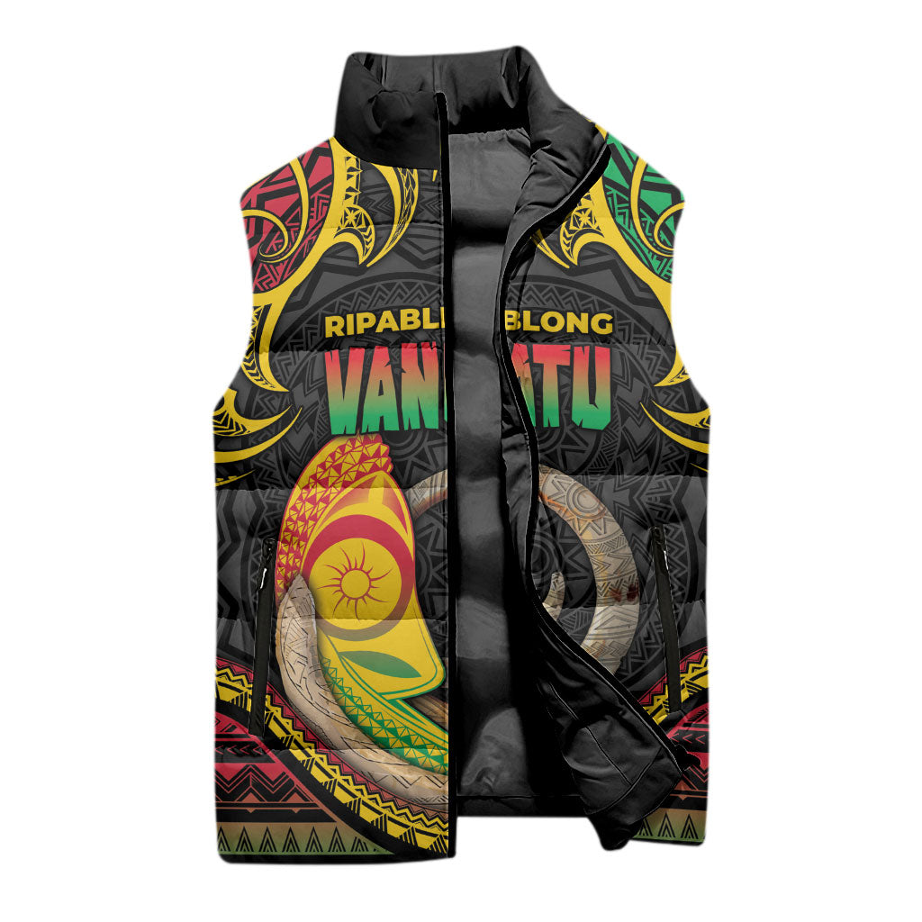 Vanuatu Language Week Sleeveless Puffer Jacket Boar Tusk Warrior Tribal Floral Pattern