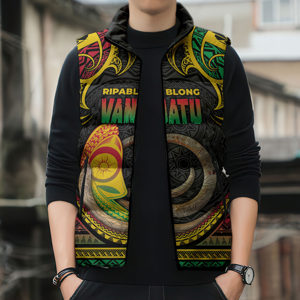 Vanuatu Language Week Sleeveless Puffer Jacket Boar Tusk Warrior Tribal Floral Pattern