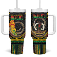 Vanuatu Language Week Tumbler With Handle Boar Tusk Warrior Tribal Floral Pattern