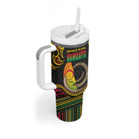 Vanuatu Language Week Tumbler With Handle Boar Tusk Warrior Tribal Floral Pattern