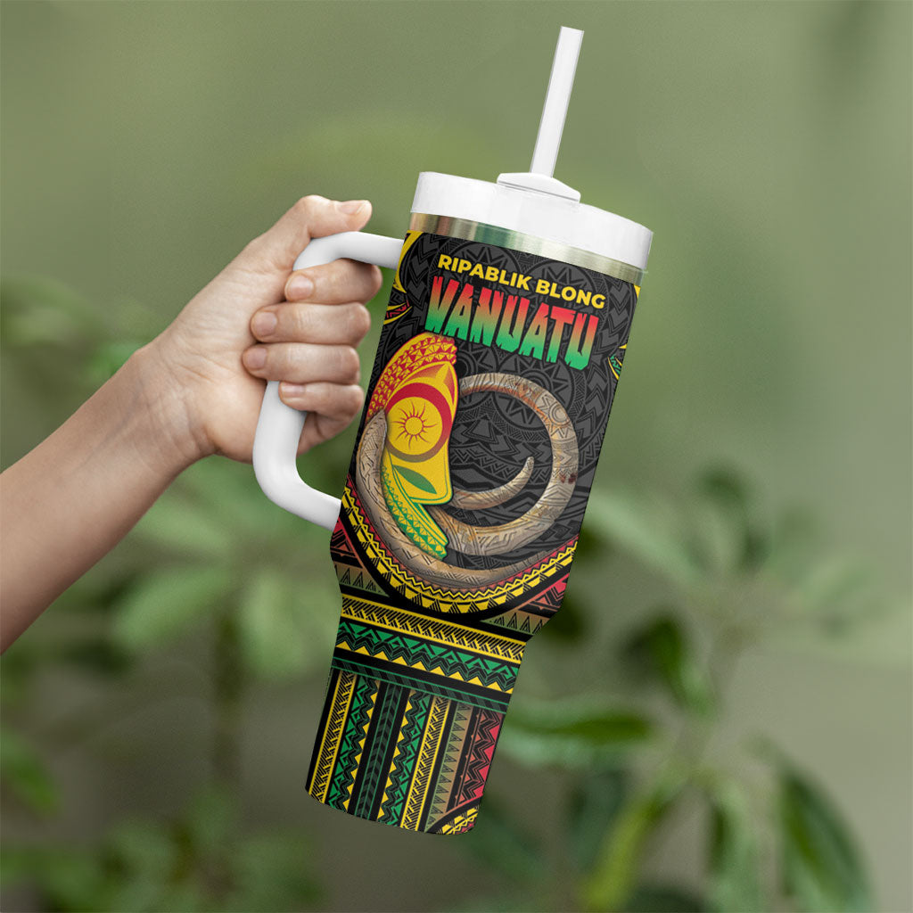 Vanuatu Language Week Tumbler With Handle Boar Tusk Warrior Tribal Floral Pattern