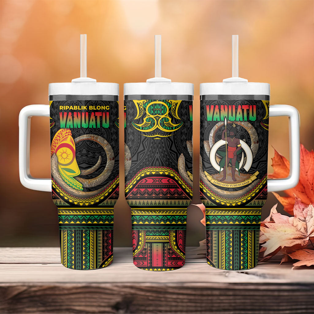 Vanuatu Language Week Tumbler With Handle Boar Tusk Warrior Tribal Floral Pattern
