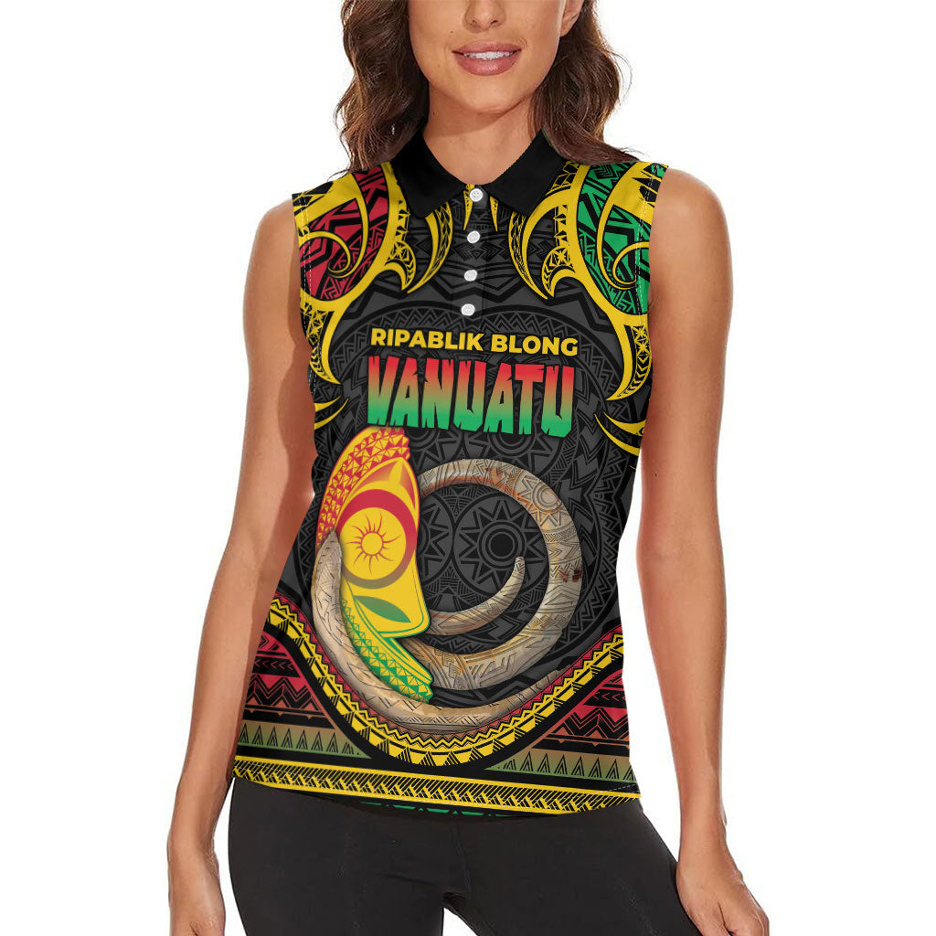 Vanuatu Language Week Women Sleeveless Polo Shirt Boar Tusk Warrior Tribal Floral Pattern