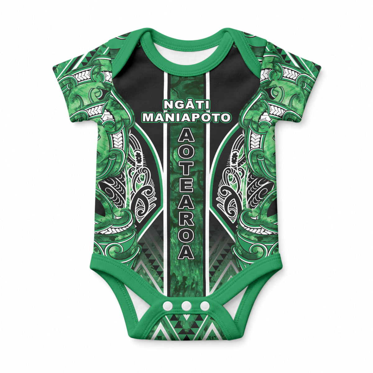 Aotearoa Ngati Maniapoto Baby Onesie Maori Tribal Green Paua Shell Pattern