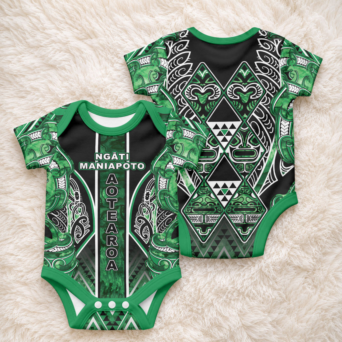 Aotearoa Ngati Maniapoto Baby Onesie Maori Tribal Green Paua Shell Pattern
