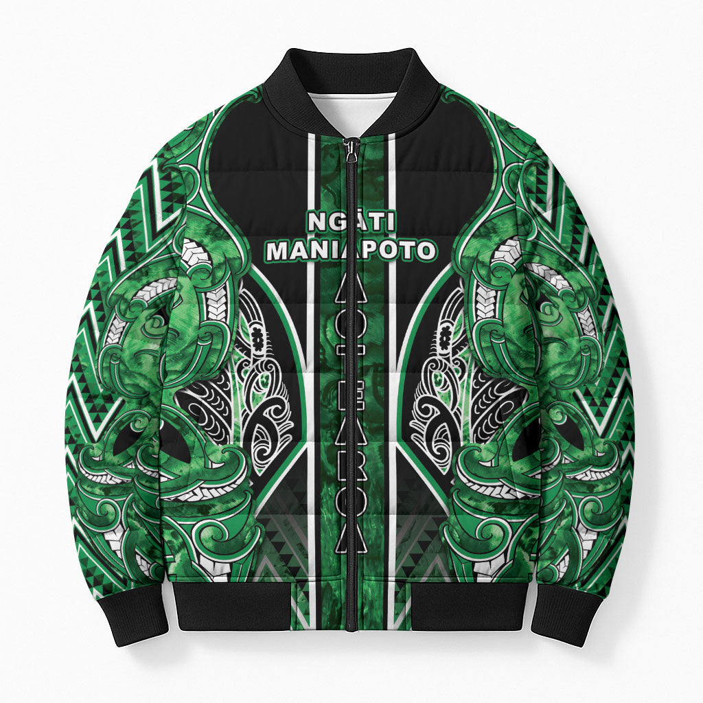 Aotearoa Ngati Maniapoto Bomber Puffer Jacket Maori Tribal Green Paua Shell Pattern