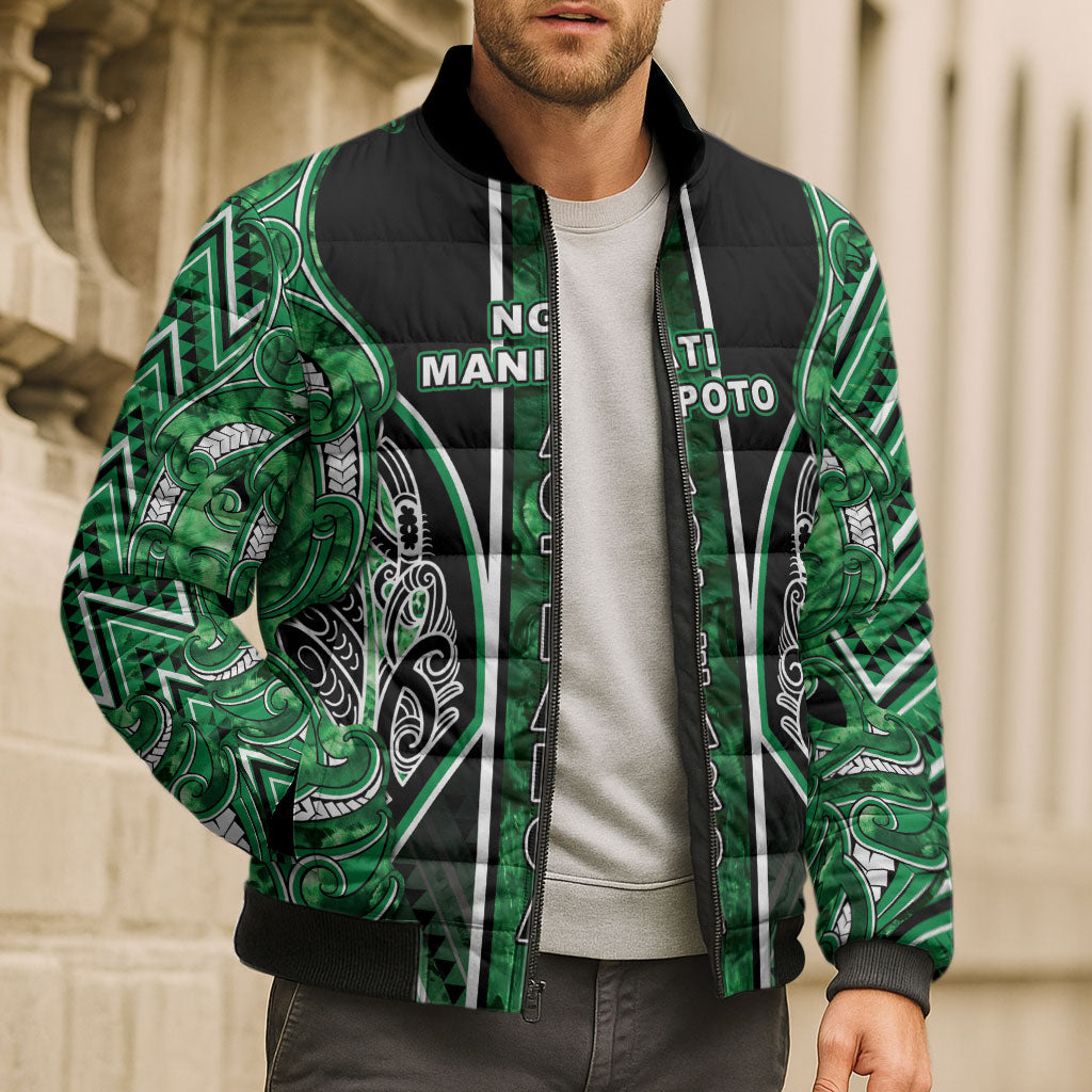 Aotearoa Ngati Maniapoto Bomber Puffer Jacket Maori Tribal Green Paua Shell Pattern