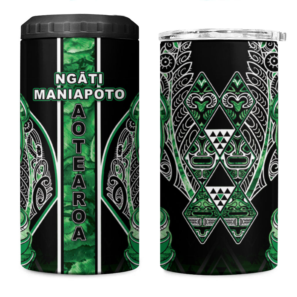 Aotearoa Ngati Maniapoto 4 in 1 Can Cooler Tumbler Maori Tribal Green Paua Shell Pattern